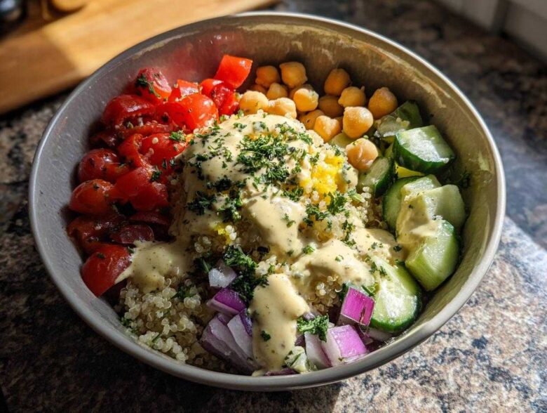 A vibrant Mediterranean Quinoa Bowl featuring quinoa, chickpeas, tomatoes, cucumbers, red onion, and generous lemon tahini sauce.