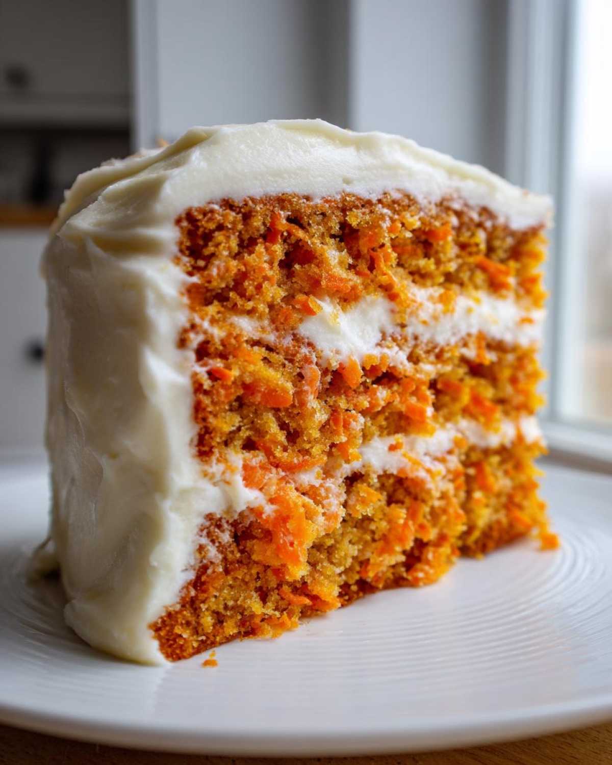Close-up of a thick slice of Moist Carrot Cake with Cream Cheese Frosting, showing three layers of cake and frosting.