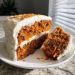 A thick slice of Moist Carrot Cake with Cream Cheese Frosting, showing visible shredded carrots in the crumb.