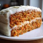 Close-up of a thick slice of Moist Carrot Cake with Cream Cheese Frosting, showing visible shredded carrots.