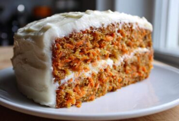 Close-up of a thick slice of Moist Carrot Cake with Cream Cheese Frosting, showing visible shredded carrots.