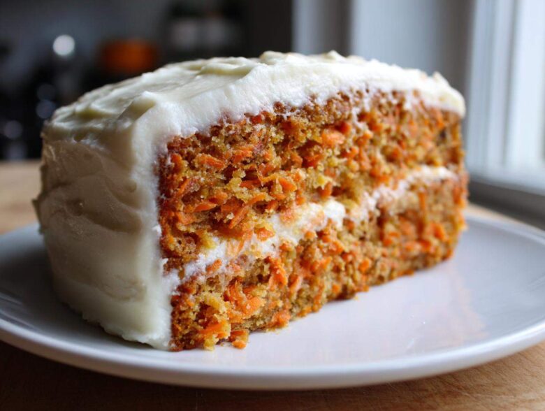 Close-up of a thick slice of Moist Carrot Cake with Cream Cheese Frosting, showing visible shredded carrots.