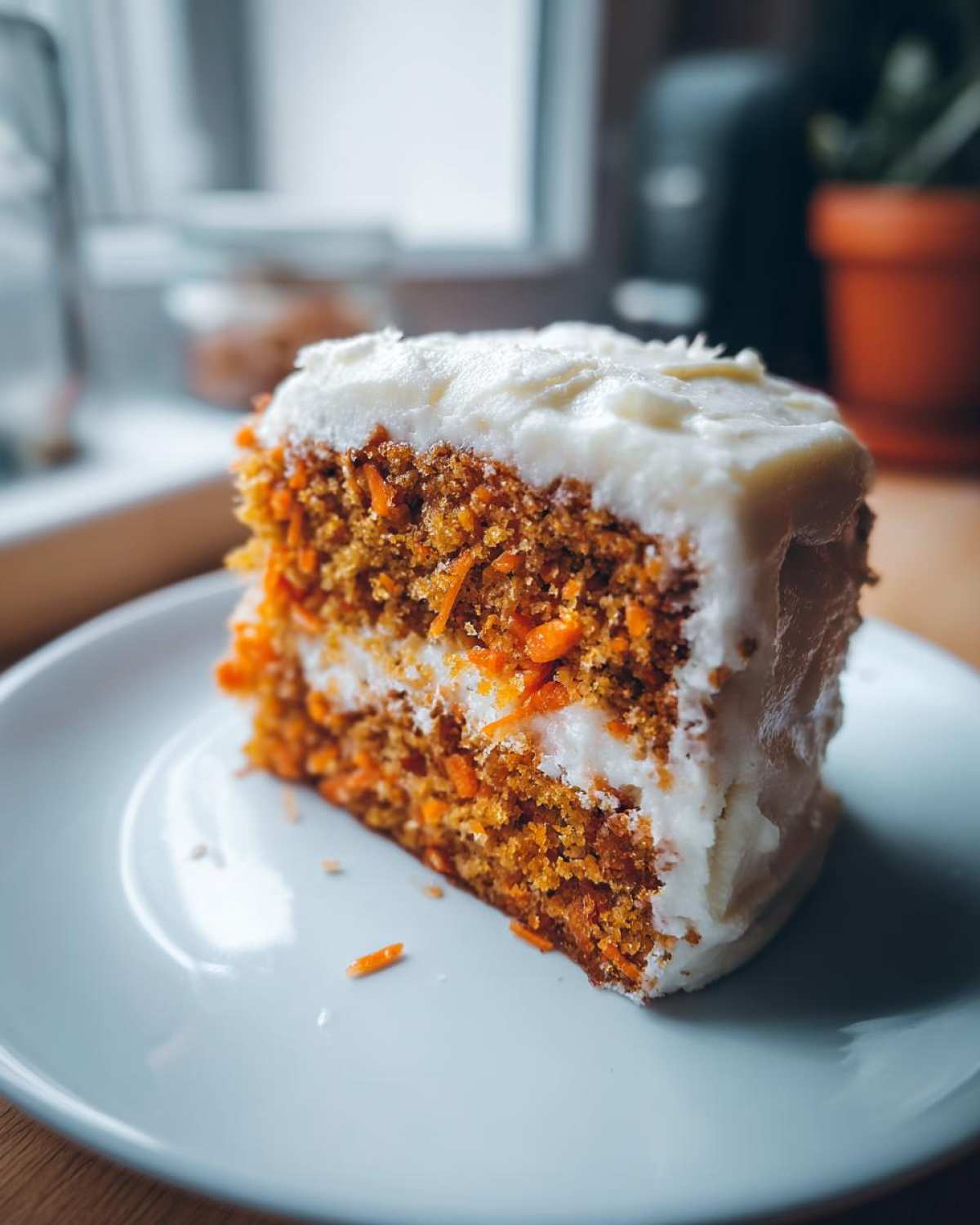 A close-up of a thick slice of Moist Carrot Cake with Cream Cheese Frosting, showing shredded carrots in the layers.