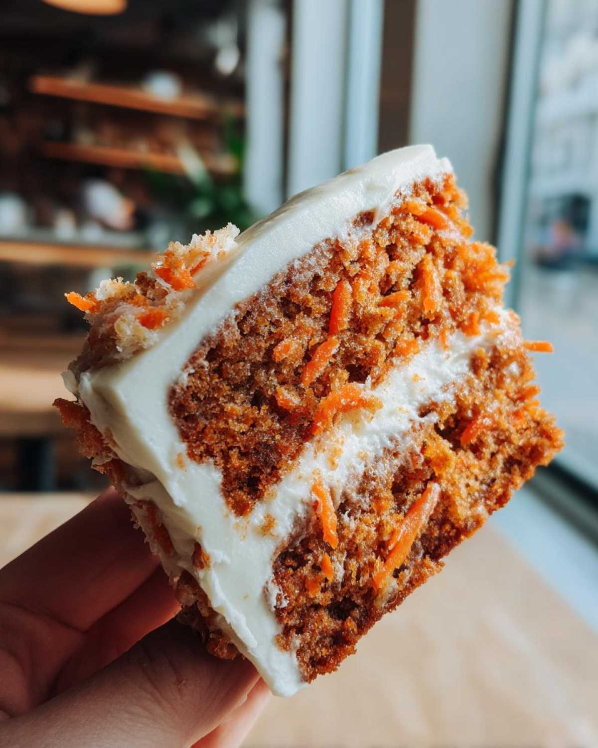 Close-up of a hand holding a thick slice of Moist Carrot Cake with Cream Cheese Frosting, showing visible shredded carrots.