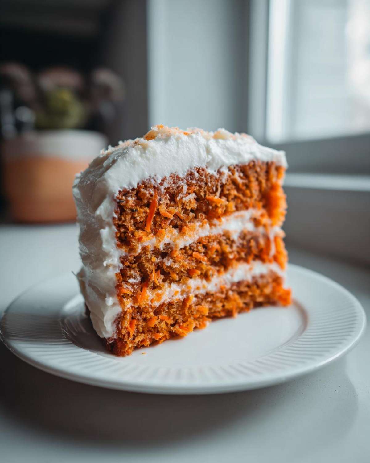A tall slice of Moist Carrot Cake with Cream Cheese Frosting showing three layers of cake and frosting.