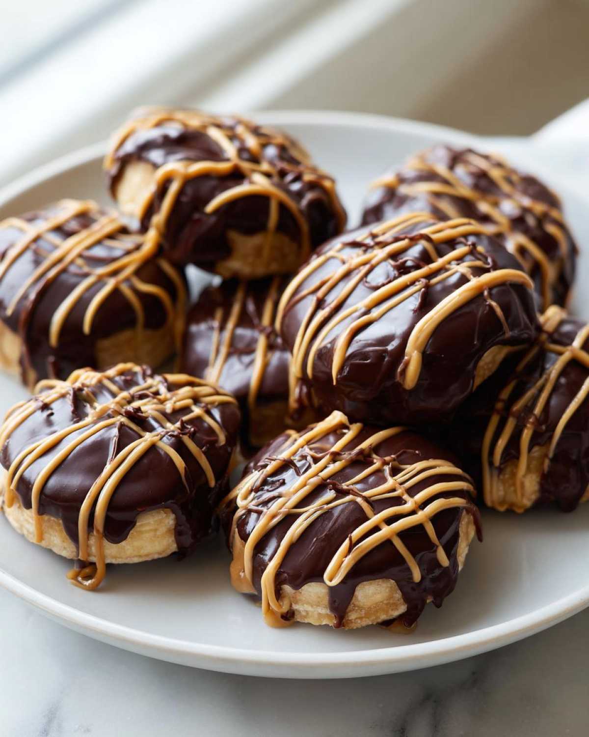 Close-up of several No-Bake Chocolate Covered Banana Bites dipped in dark chocolate and drizzled with peanut butter.