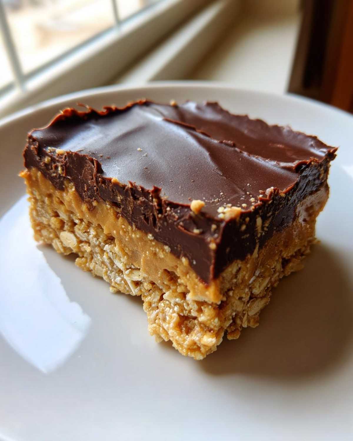 A close-up of a single No-Bake Chocolate Peanut Butter Oat Bars slice with oat base, peanut butter layer, and chocolate topping.