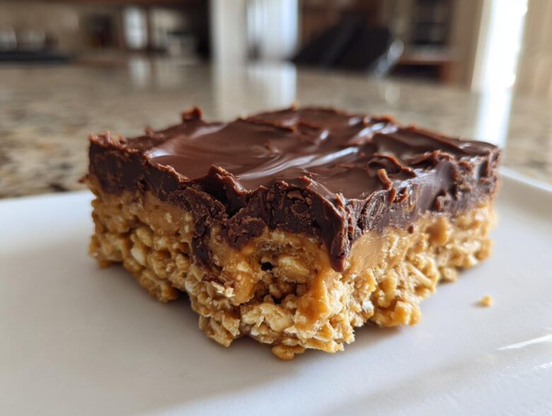 A single square of No-Bake Chocolate Peanut Butter Oat Bars showing the oat base, peanut butter layer, and chocolate topping.