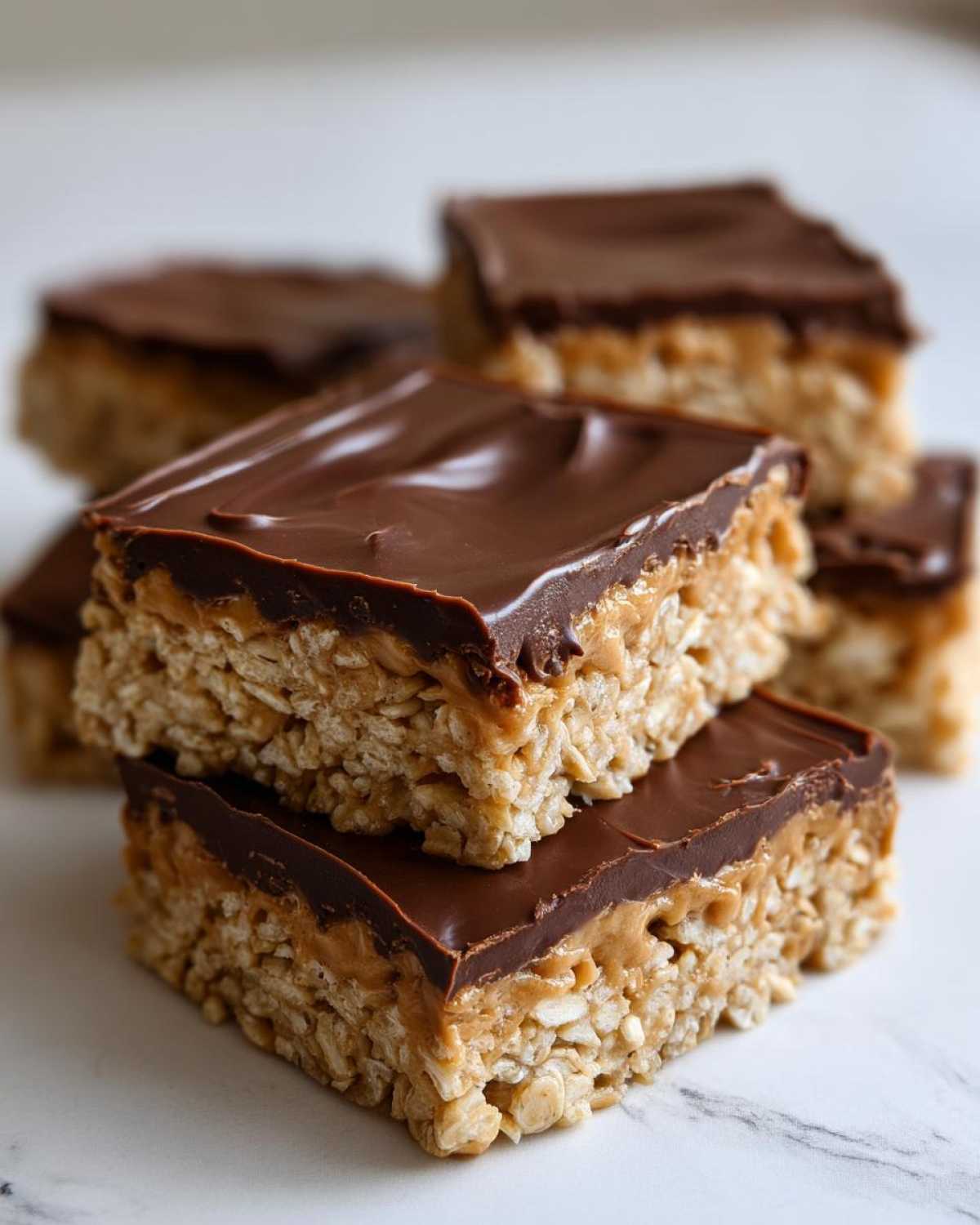 Close-up of stacked No-Bake Chocolate Peanut Butter Oat Bars with a thick chocolate topping.