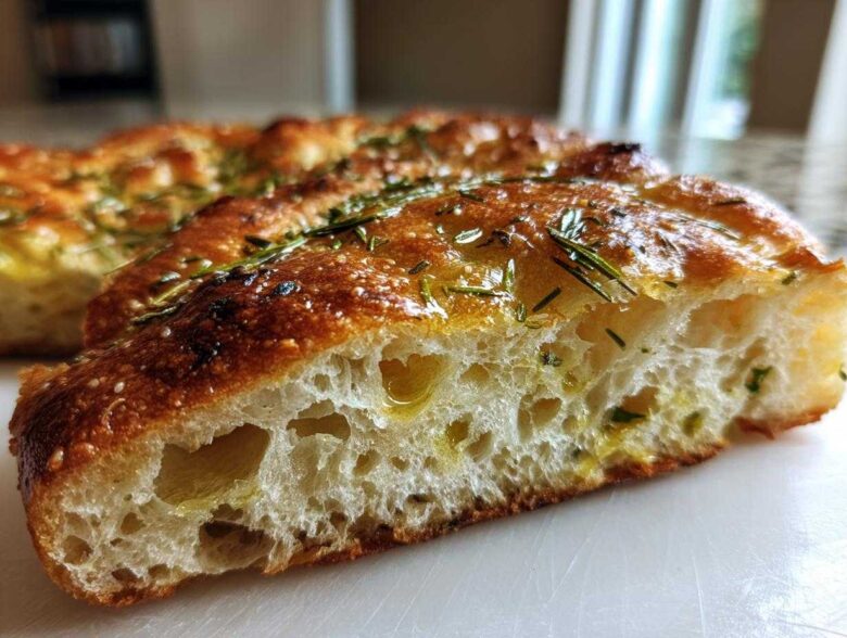 Close-up of the airy interior crumb of No-Knead Skillet Focaccia with Rosemary, glistening with olive oil.