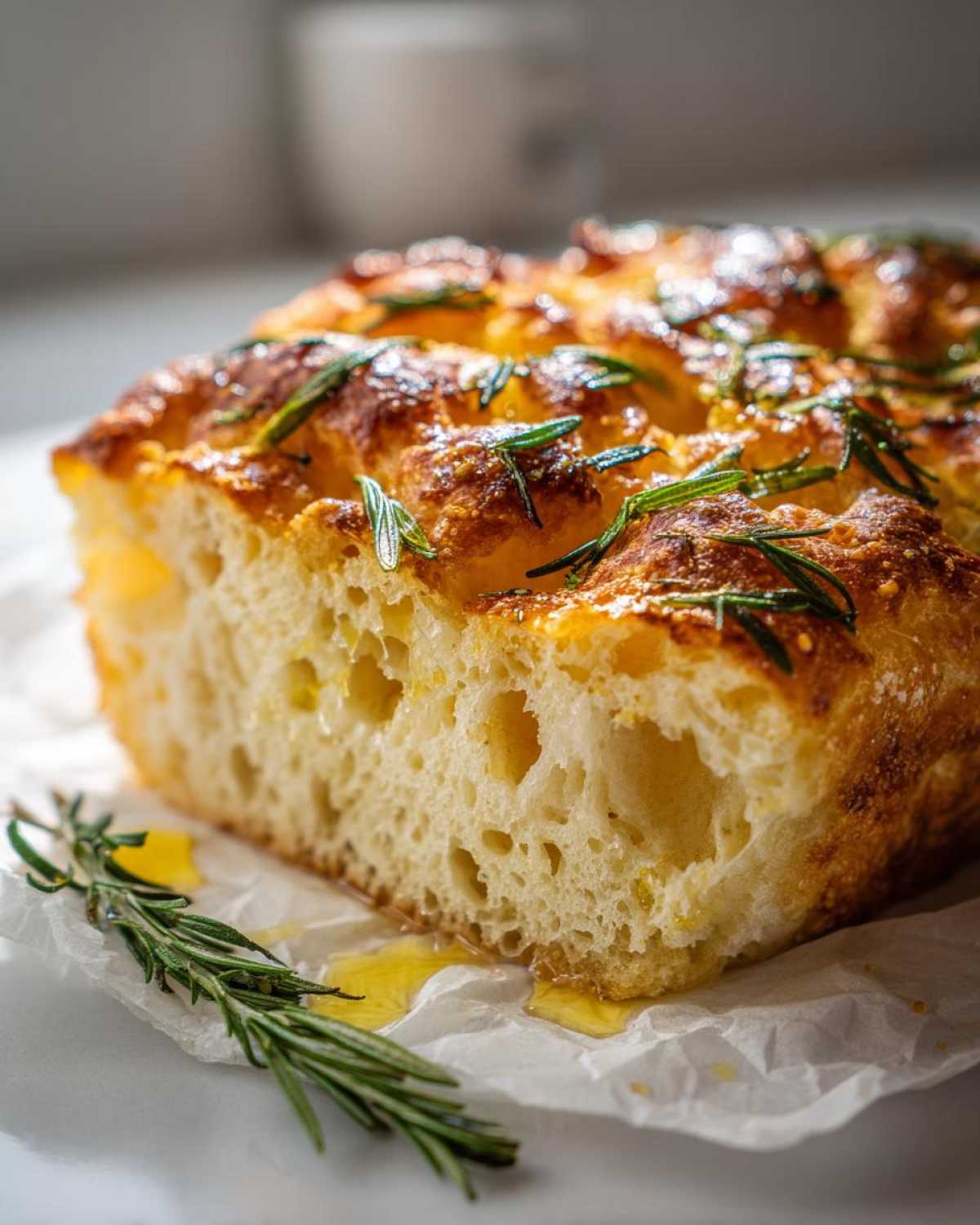Cross-section of golden No-Knead Skillet Focaccia showing airy crumb, topped with rosemary and olive oil.