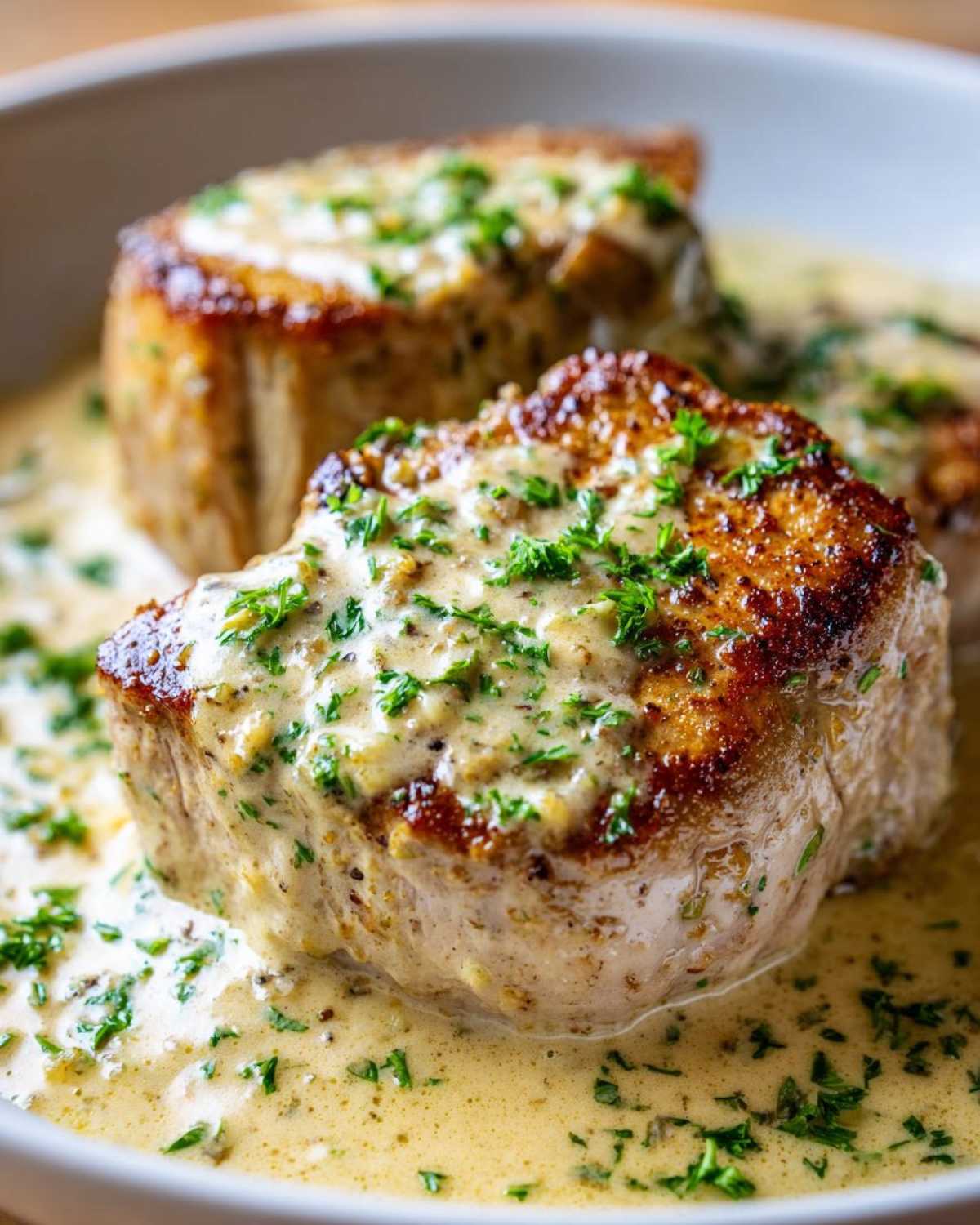 Close-up of thick, seared pork chops smothered in a creamy garlic sauce and topped with fresh parsley.