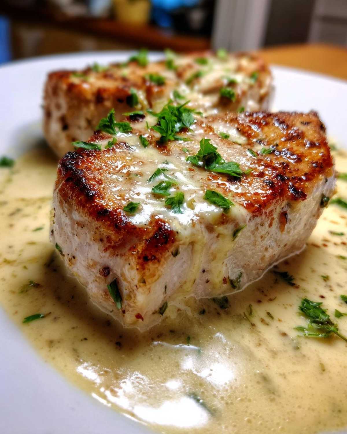 Two seared pork chops covered in creamy garlic sauce and garnished with fresh parsley, ready to eat.