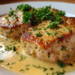 Two seared One-Pan Creamy Garlic Pork Chops smothered in a rich, yellow garlic cream sauce and topped with fresh parsley.