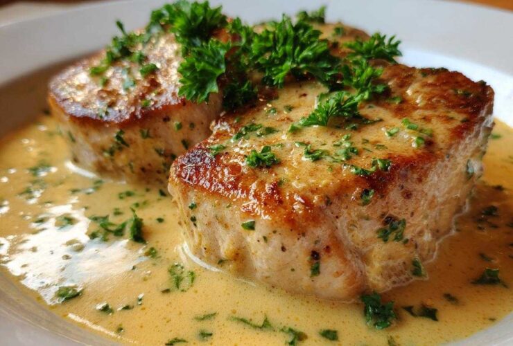 Two seared One-Pan Creamy Garlic Pork Chops smothered in a rich, yellow garlic cream sauce and topped with fresh parsley.