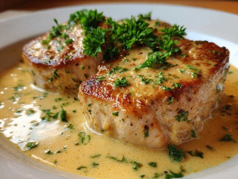 Two seared One-Pan Creamy Garlic Pork Chops smothered in a rich, yellow garlic cream sauce and topped with fresh parsley.