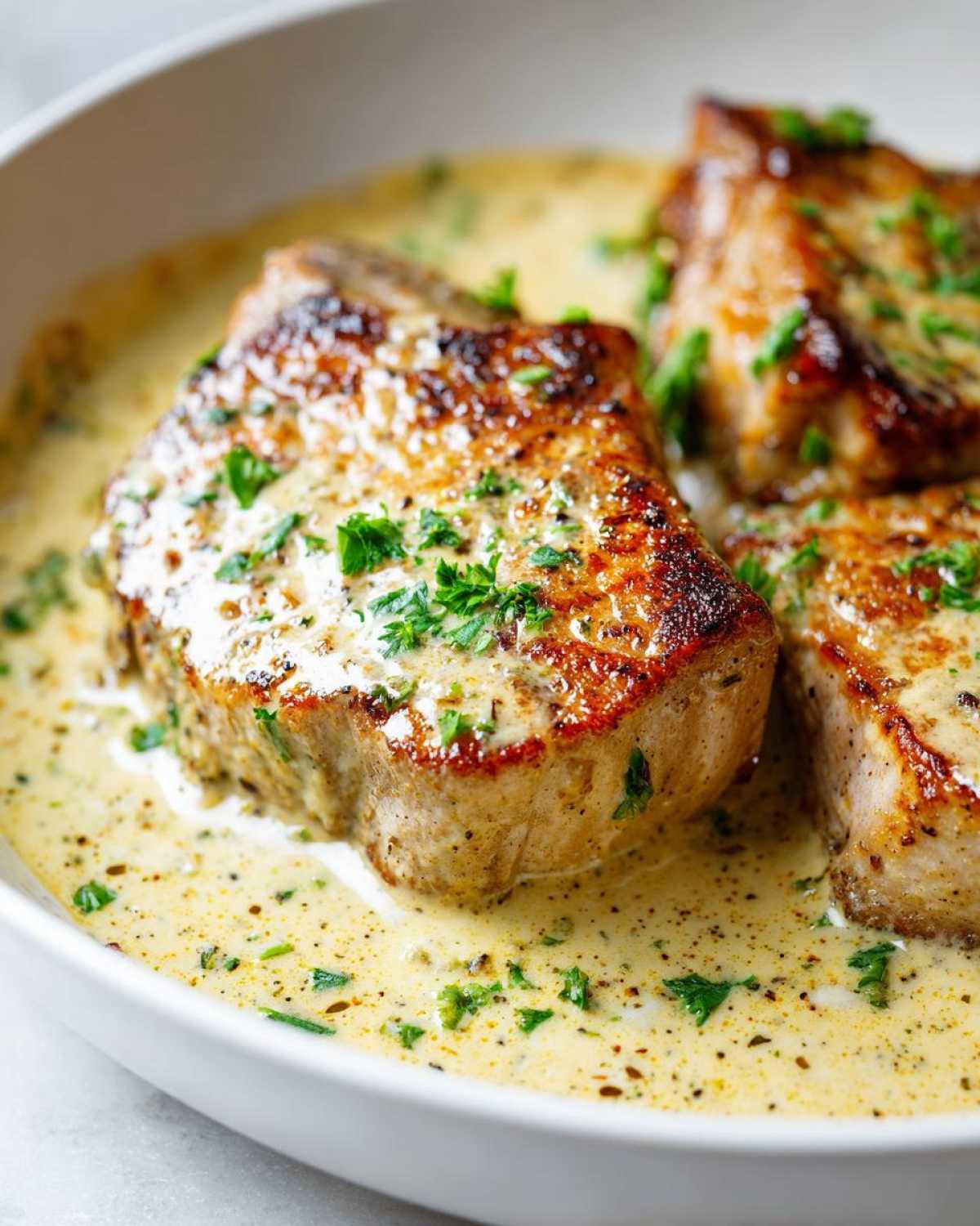 Close-up of seared One-Pan Creamy Garlic Pork Chops smothered in a rich, speckled garlic cream sauce and topped with fresh parsley.