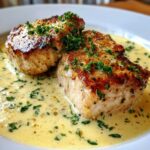 Two seared One-Pan Creamy Garlic Pork Chops resting in a pool of rich, yellow garlic cream sauce, topped with fresh parsley.