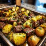Close-up of juicy, browned steak bites and roasted potatoes coated in garlic butter sauce, ready to serve from the pan.