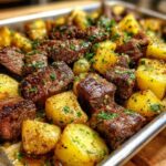 Close-up of juicy, browned steak bites mixed with golden roasted potatoes, coated in garlic butter sauce and parsley.