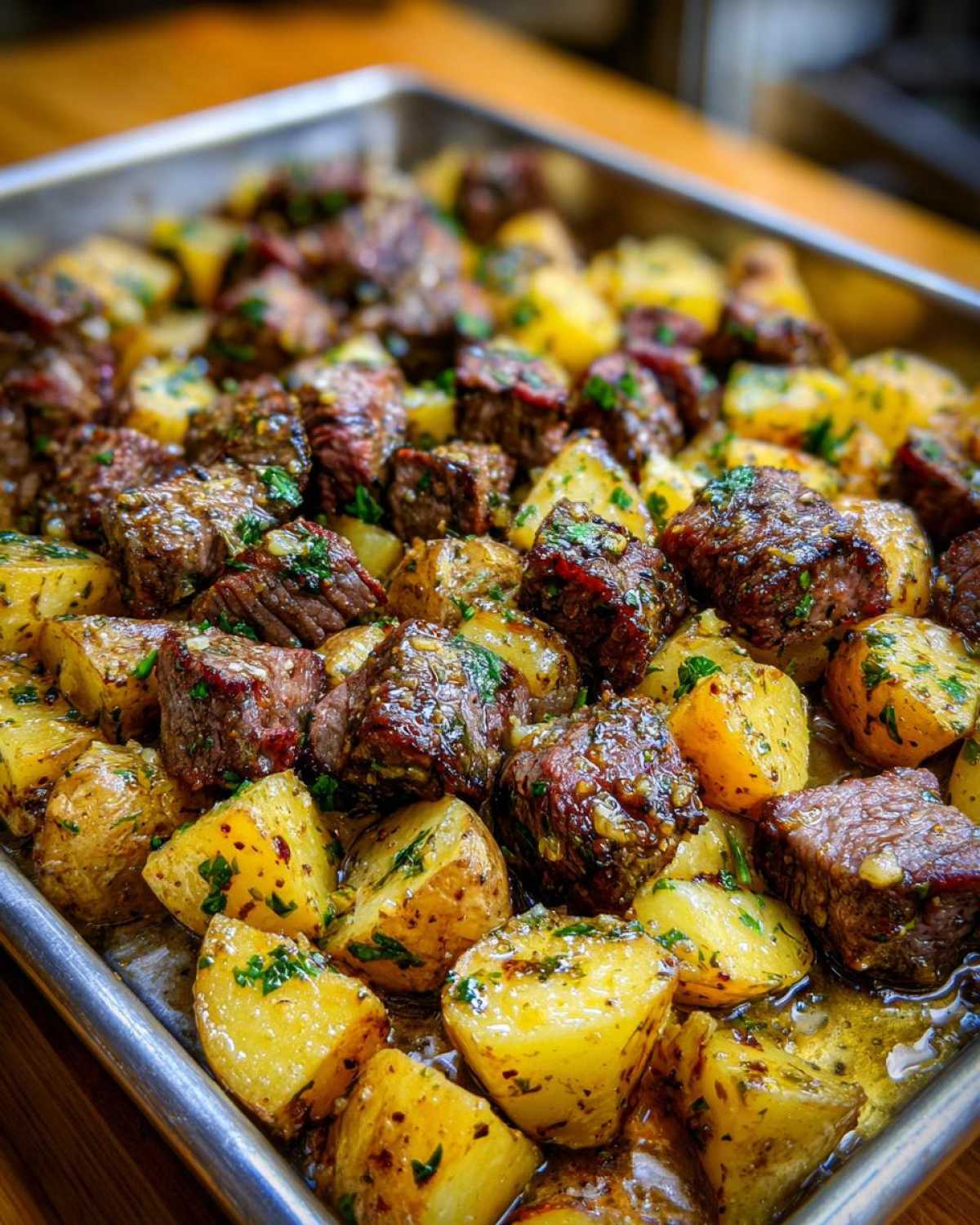 Close-up of juicy, browned One-Pan Garlic Butter Steak Bites mixed with golden roasted potatoes in a metal baking sheet.
