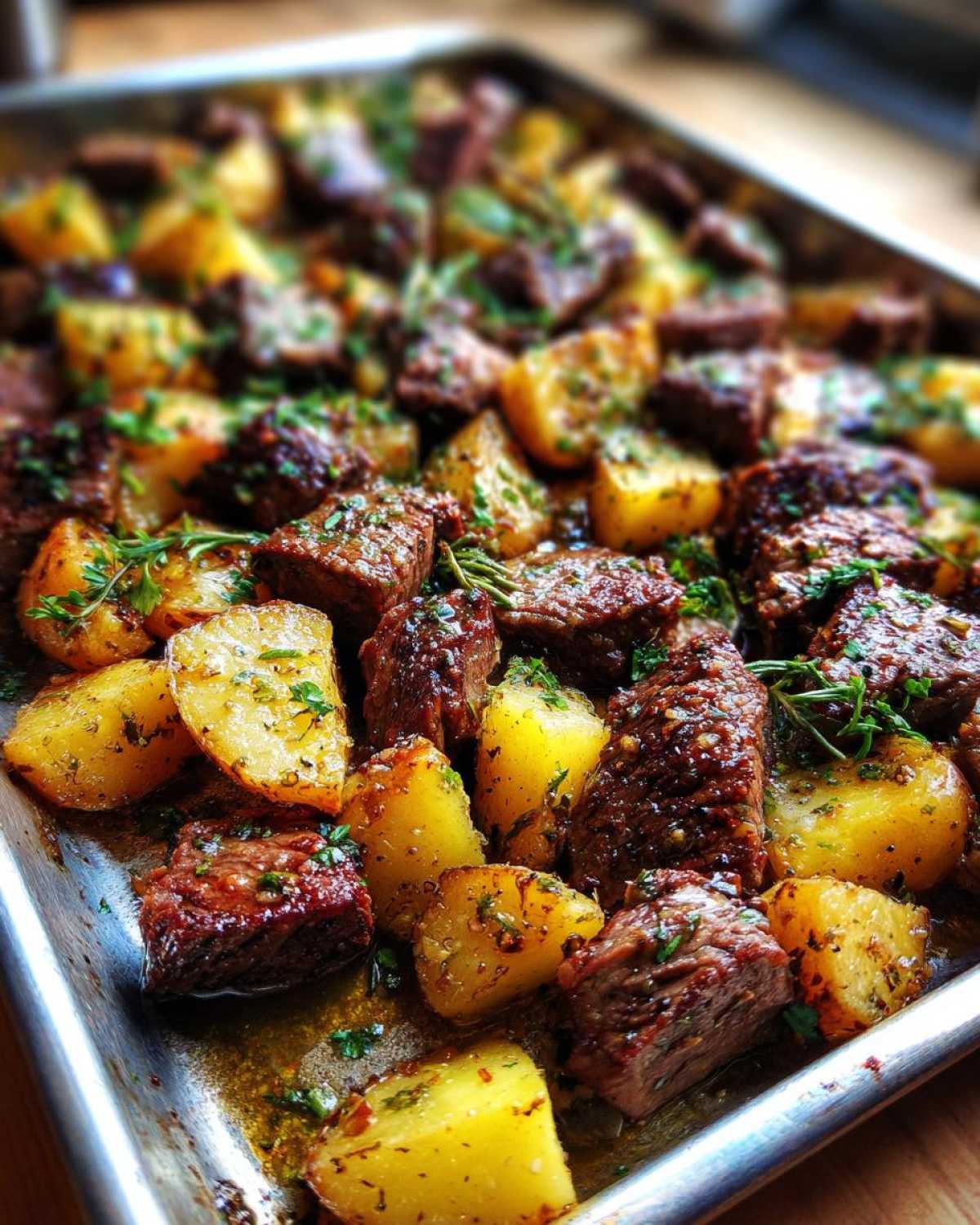 Close-up of One-Pan Garlic Butter Steak Bites and Potatoes glistening with sauce and garnished with herbs on a metal baking sheet.