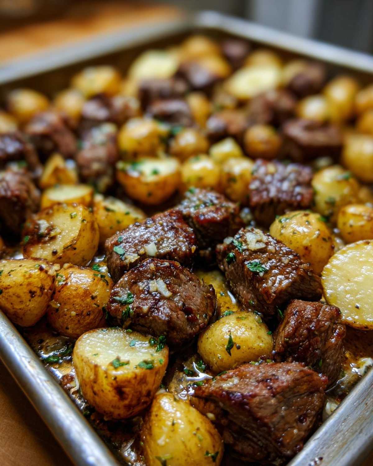 Close-up of One-Pan Garlic Butter Steak Bites and Potatoes glistening in butter sauce on a metal sheet pan.