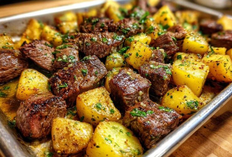 Close-up of juicy, browned steak bites mixed with golden roasted potatoes, coated in garlic butter sauce and parsley.
