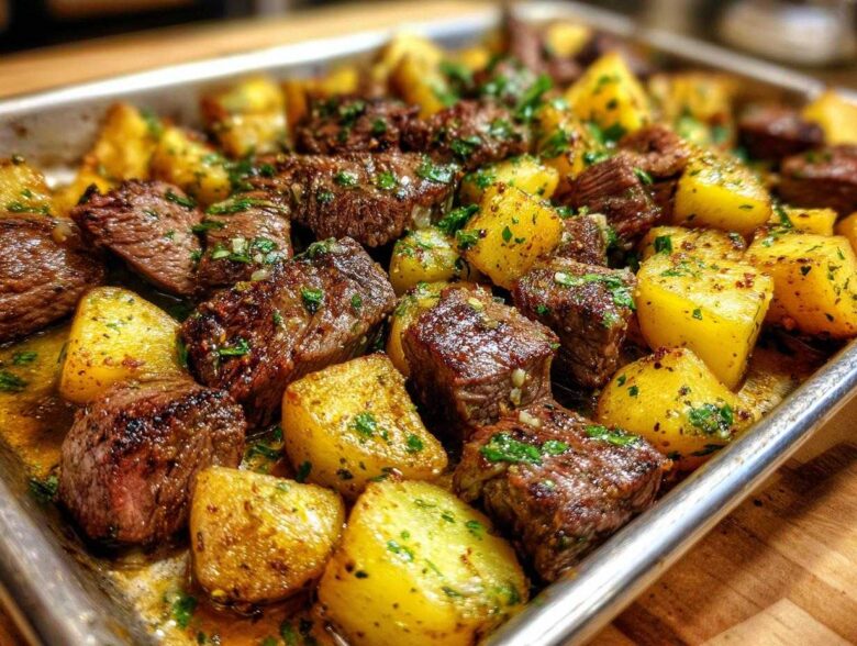 Close-up of juicy, browned steak bites mixed with golden roasted potatoes, coated in garlic butter sauce and parsley.