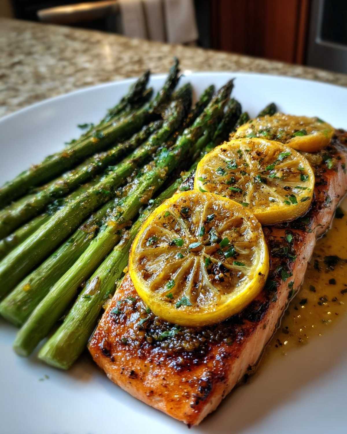 Close-up of One-Pan Lemon Garlic Salmon with asparagus spears and caramelized lemon slices.