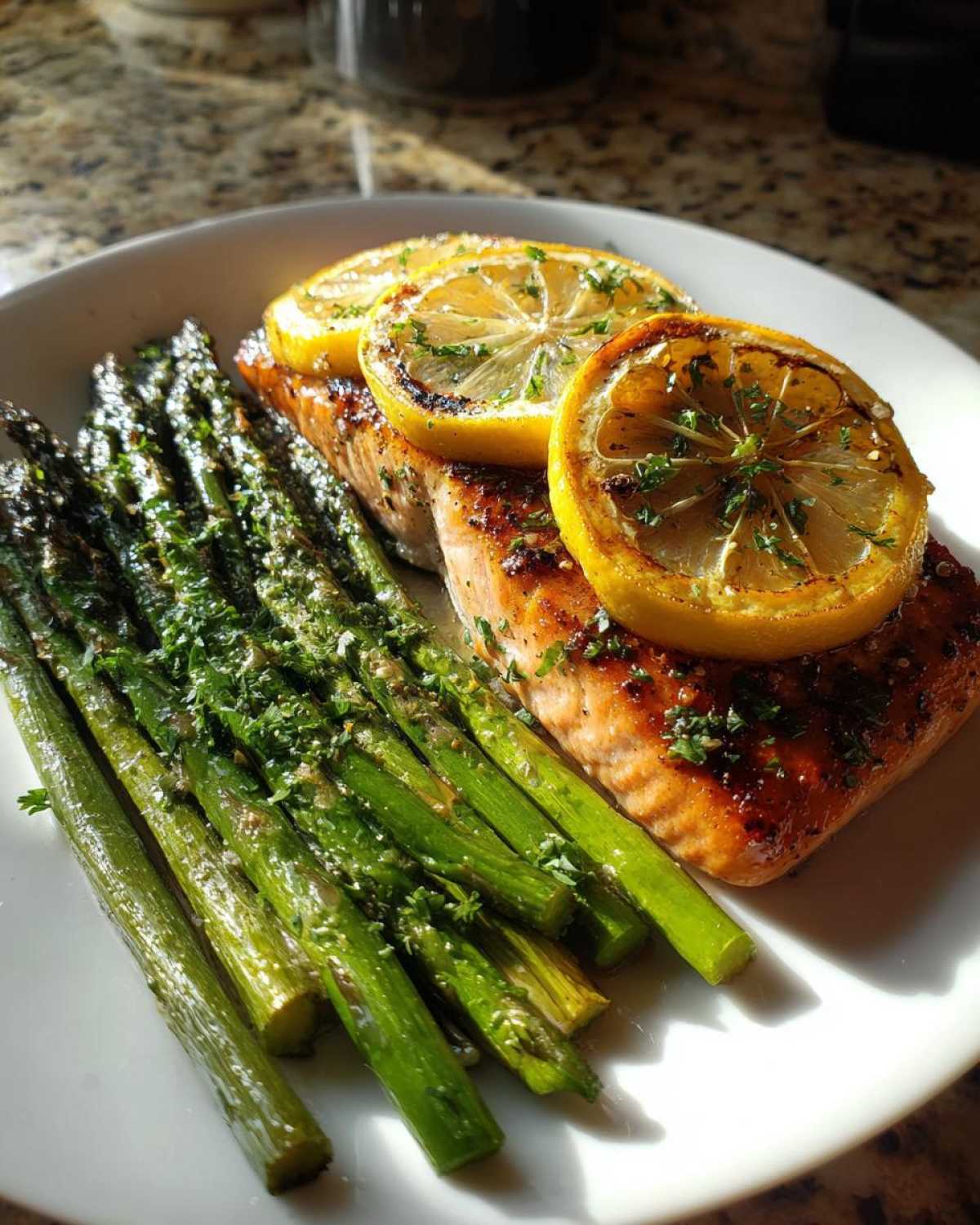 A perfectly cooked fillet of One-Pan Lemon Garlic Salmon served next to bright green asparagus, topped with roasted lemon slices.