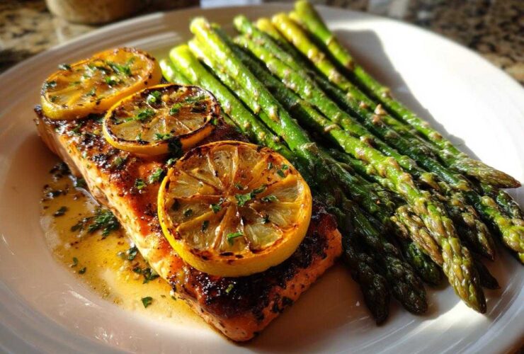 A perfectly cooked fillet of One-Pan Lemon Garlic Salmon with roasted asparagus spears and charred lemon slices.