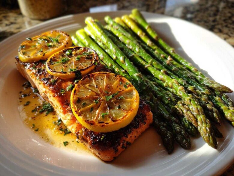 A perfectly cooked fillet of One-Pan Lemon Garlic Salmon with roasted asparagus spears and charred lemon slices.