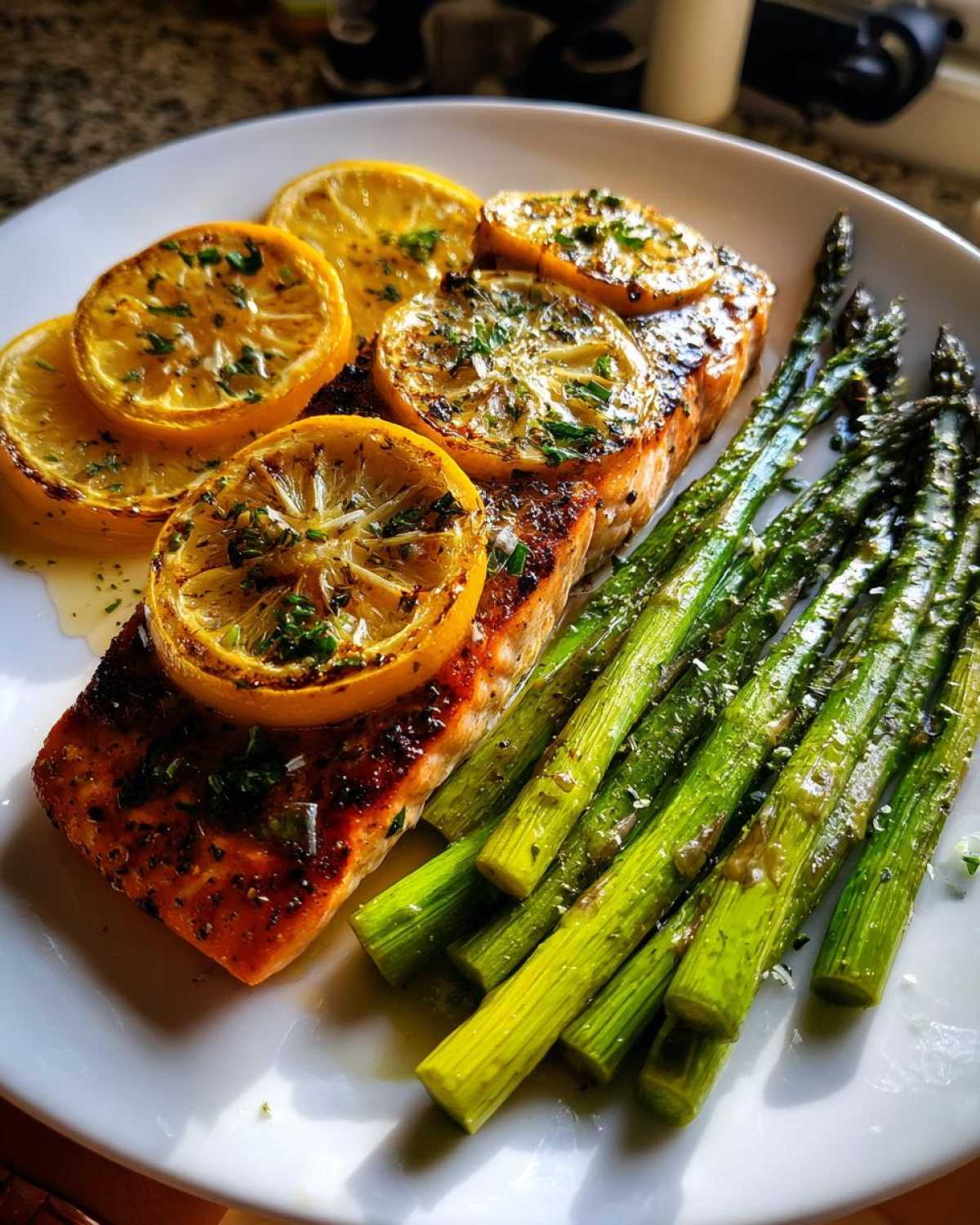 A perfectly cooked fillet of One-Pan Lemon Garlic Salmon with roasted asparagus spears and lemon slices on a white plate.