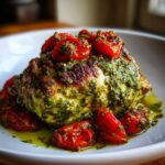 Close-up of a perfectly cooked One-Pan Pesto Chicken with roasted cherry tomatoes on a white plate.