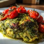 Close-up of One-Pan Pesto Chicken with Tomatoes, featuring a juicy chicken breast topped with vibrant green pesto and blistered cherry tomatoes.