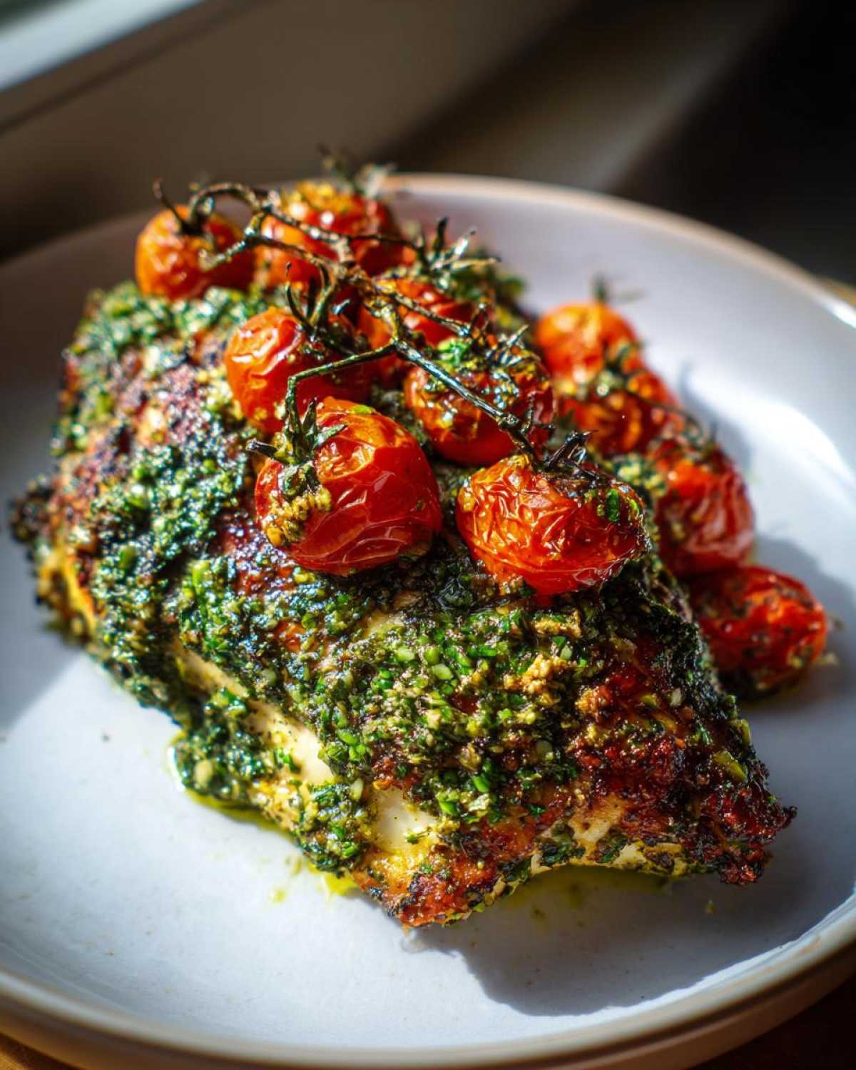 A beautifully cooked piece of One-Pan Pesto Chicken with Tomatoes, topped with roasted cherry tomatoes on the vine.