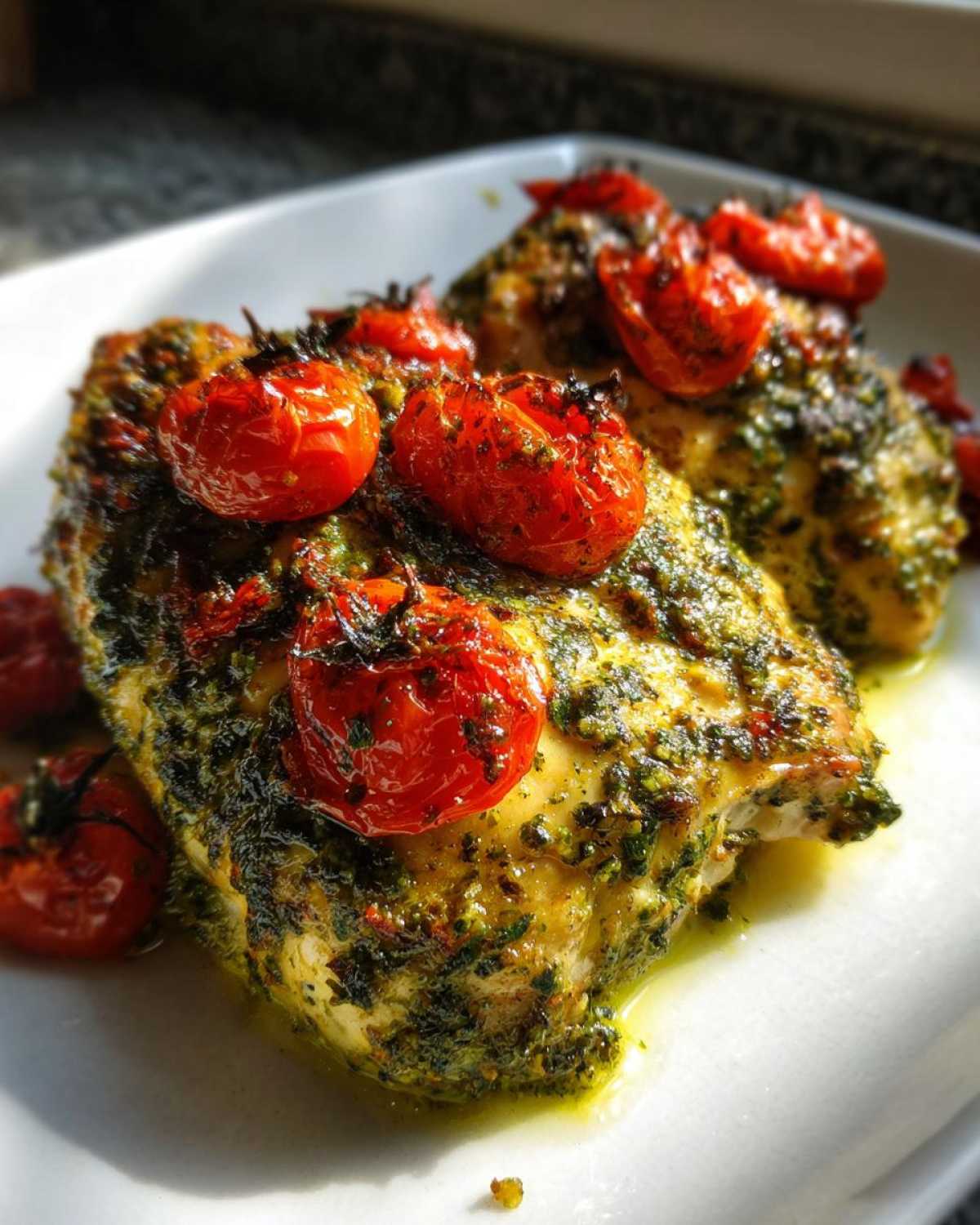 Close-up of juicy One-Pan Pesto Chicken with Tomatoes, covered in vibrant green pesto and topped with blistered cherry tomatoes.