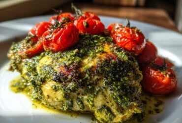 Close-up of One-Pan Pesto Chicken with Tomatoes, featuring a juicy chicken breast topped with vibrant green pesto and blistered cherry tomatoes.