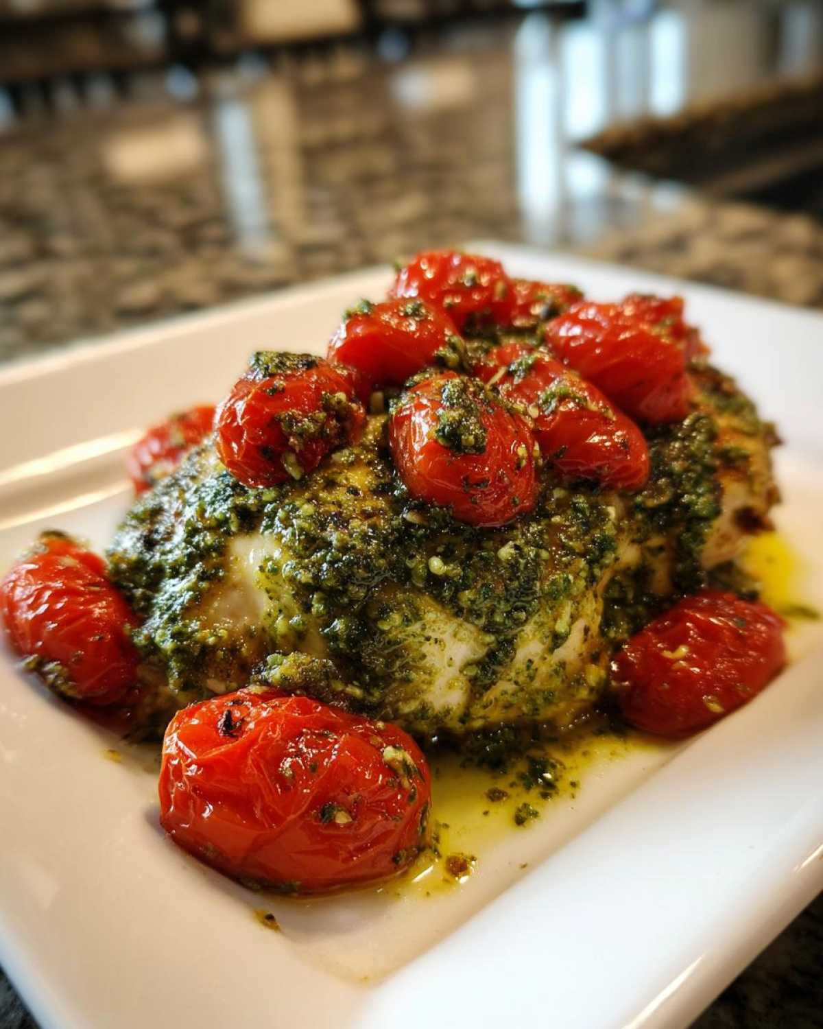 Close-up of One-Pan Pesto Chicken with Tomatoes, topped with vibrant green pesto and roasted cherry tomatoes.