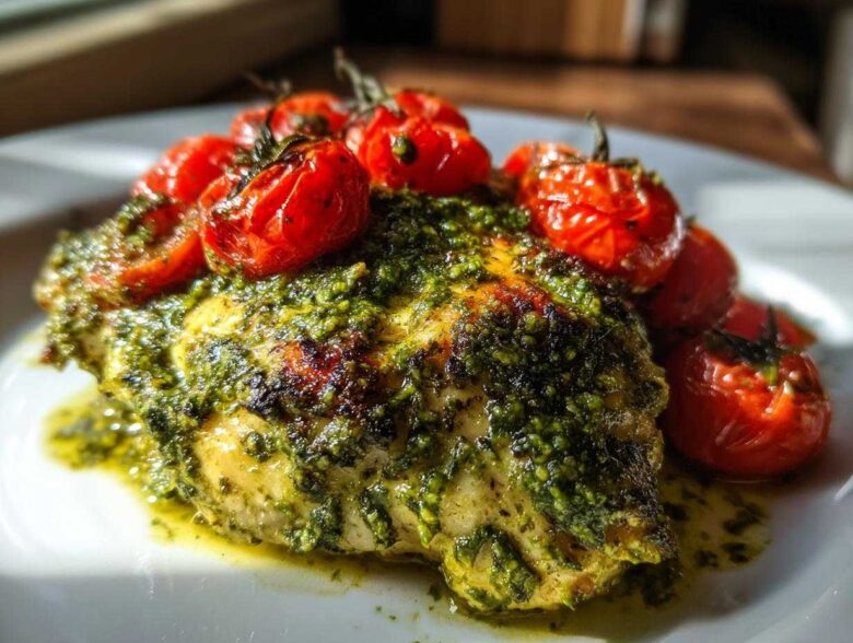 Close-up of One-Pan Pesto Chicken with Tomatoes, featuring a juicy chicken breast topped with vibrant green pesto and blistered cherry tomatoes.