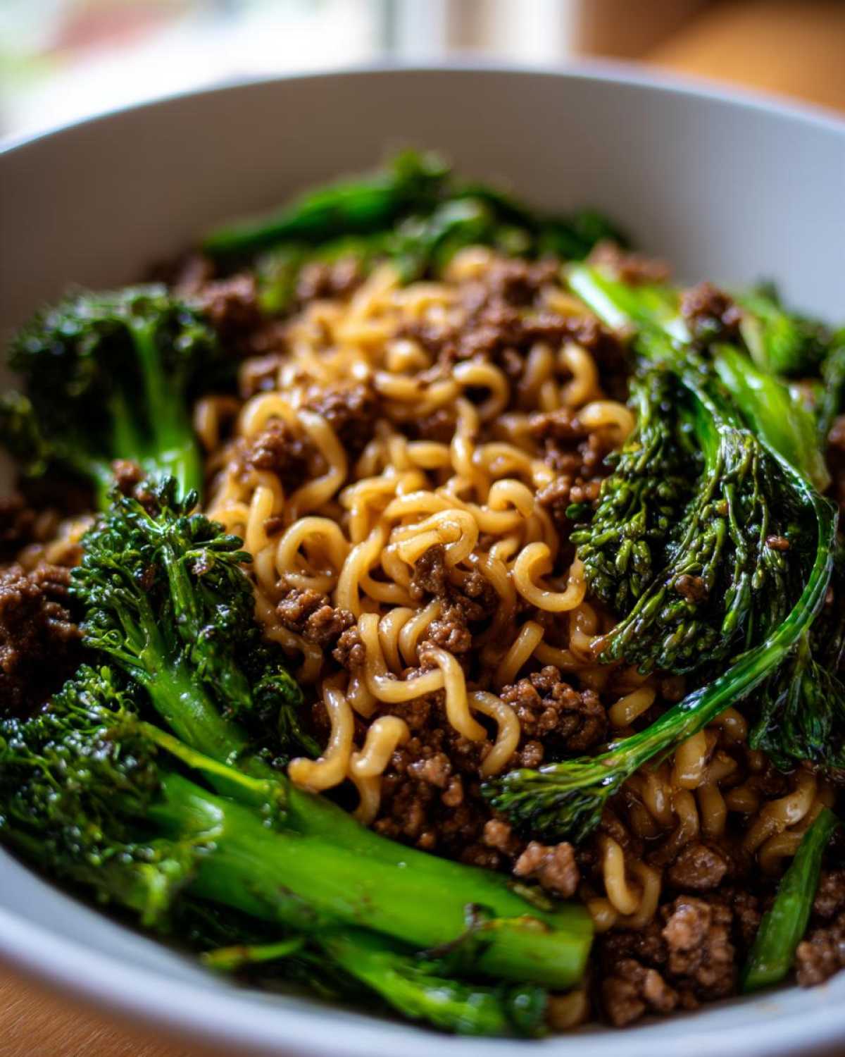 A close-up shot of One-Pot Beef and Broccoli Ramen Noodles featuring curly noodles, ground beef, and bright green broccoli florets.