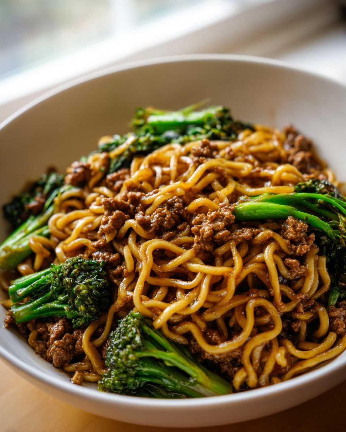 A close-up of a white bowl filled with One-Pot Beef and Broccoli Ramen Noodles, featuring glossy noodles, ground beef, and bright green broccoli florets.
