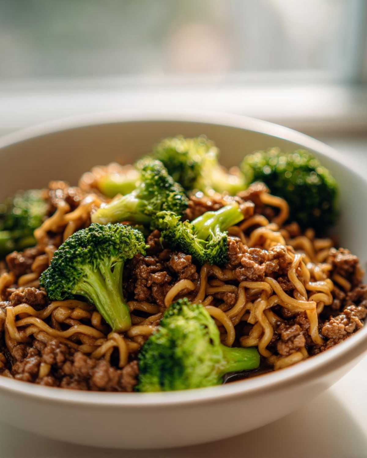 A close-up shot of a white bowl filled with One-Pot Beef and Broccoli Ramen Noodles, featuring ground beef and bright green broccoli florets.