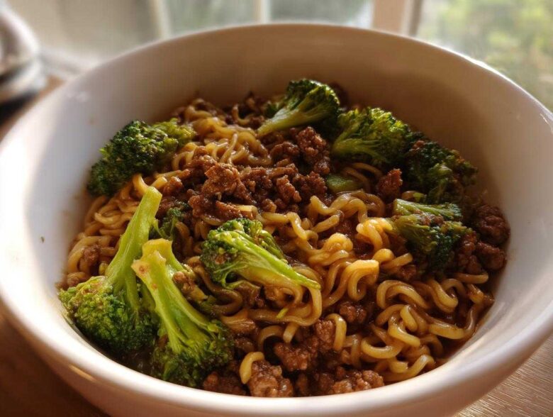 Close-up of One-Pot Beef and Broccoli Ramen Noodles in a white bowl, featuring ramen noodles, ground beef, and bright green broccoli florets.