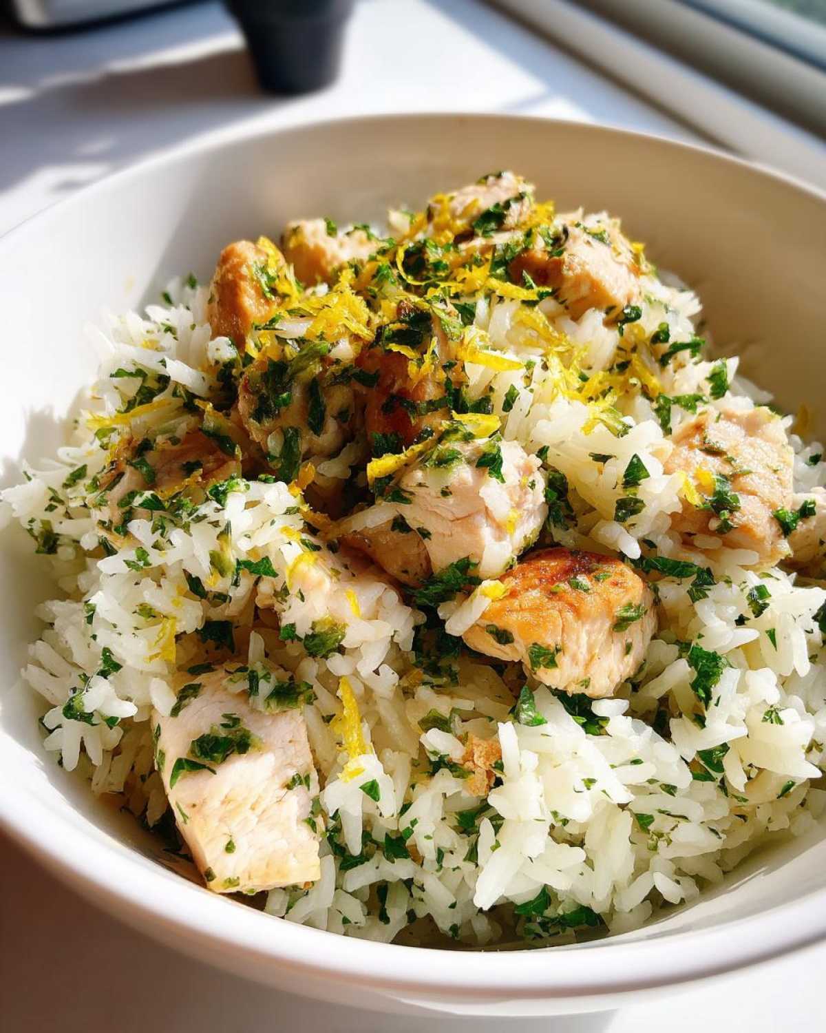Close-up of white rice mixed with chicken pieces, parsley, and lemon zest from One-Pot Chicken and Rice with Lemon and Herbs.