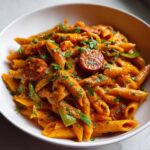 A close-up of One-Pot Creamy Cajun Sausage Pasta featuring penne, sliced sausage, green peppers, and fresh parsley.