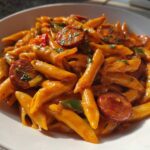 A close-up, bright photo of One-Pot Creamy Cajun Sausage Pasta featuring penne pasta, sliced sausage, and green peppers in a rich orange sauce.