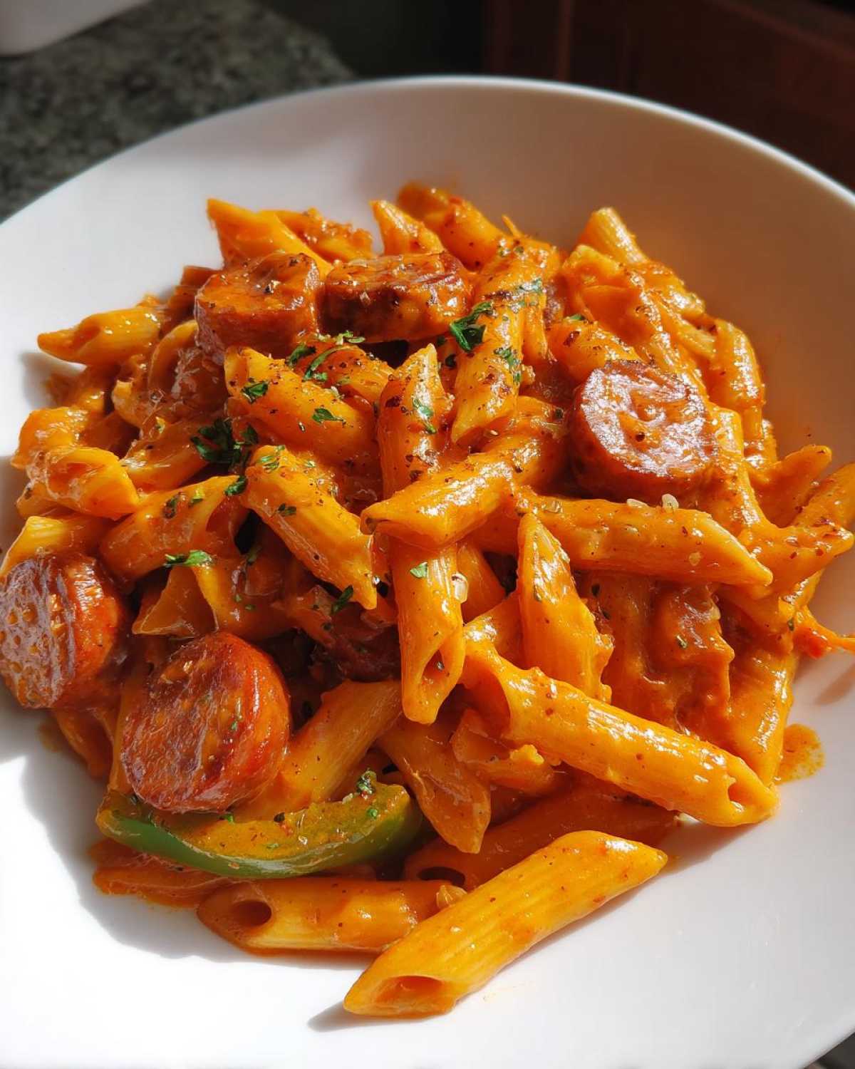 A close-up of One-Pot Creamy Cajun Sausage Pasta featuring penne, sliced sausage, and green peppers in a rich orange sauce.