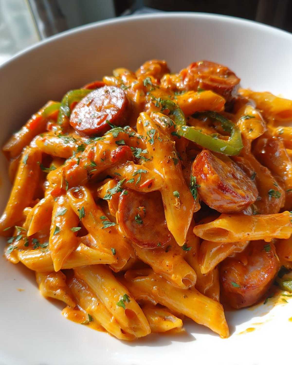 A close-up shot of rich, creamy One-Pot Creamy Cajun Sausage Pasta with penne, sliced sausage, and green peppers.